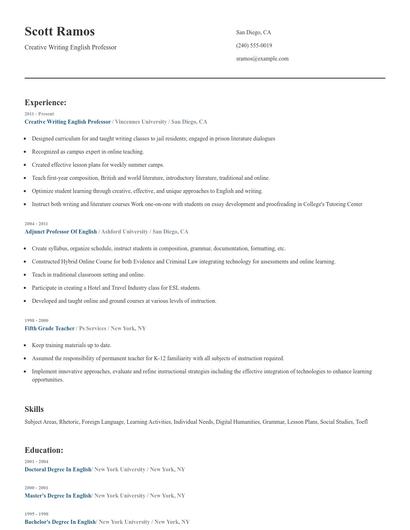 Creative Writing English Professor Resume