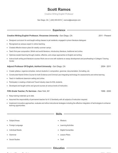 Creative Writing English Professor Resume