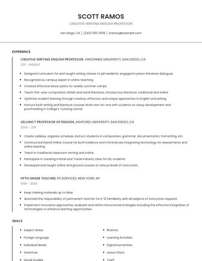 Creative Writing English Professor Resume