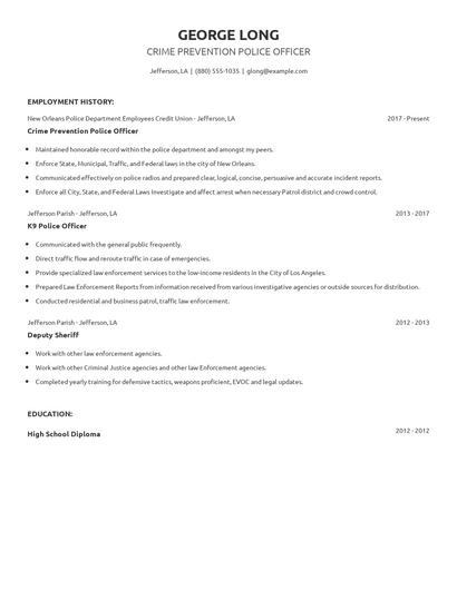 Crime Prevention Police Officer Resume
