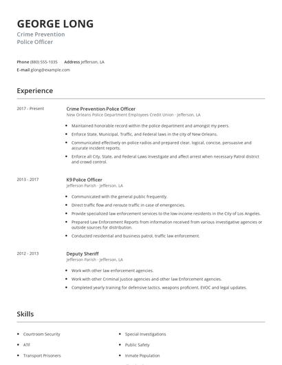 Crime Prevention Police Officer Resume