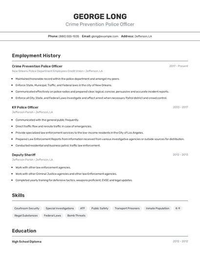 Crime Prevention Police Officer Resume