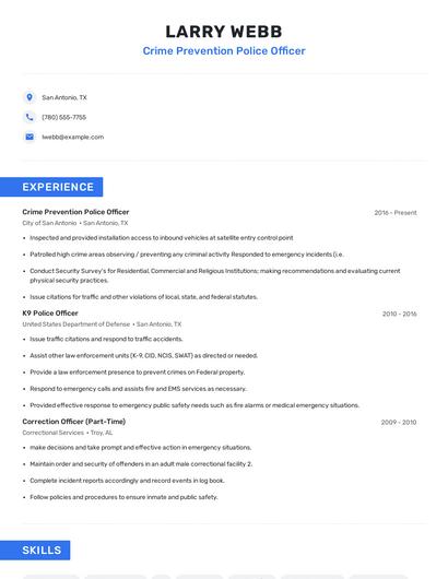 Crime Prevention Police Officer Resume