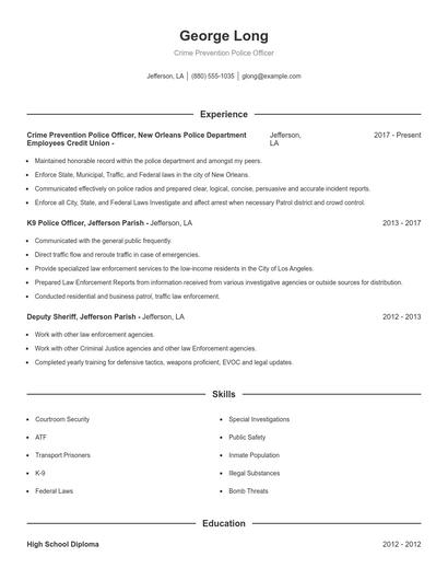 Crime Prevention Police Officer Resume