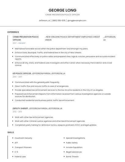 Crime Prevention Police Officer Resume