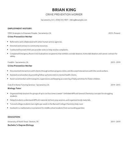 Crime Prevention Worker Resume