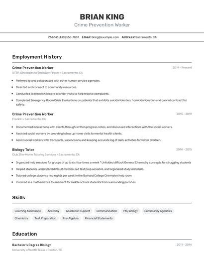 Crime Prevention Worker Resume