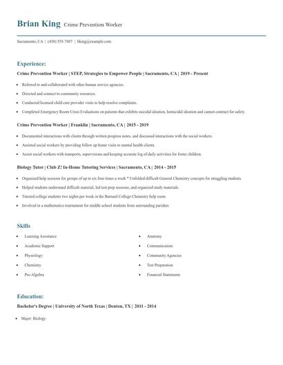 Crime Prevention Worker Resume