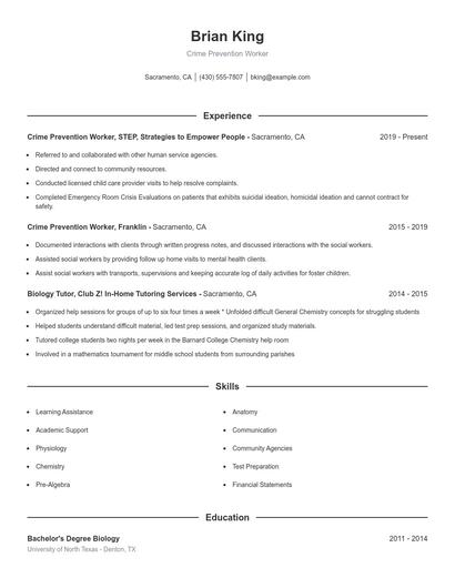 Crime Prevention Worker Resume