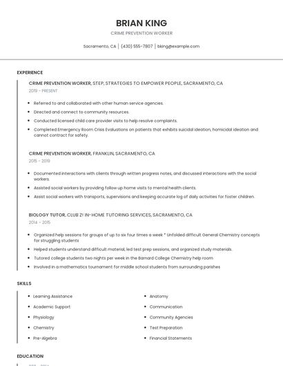 Crime Prevention Worker Resume