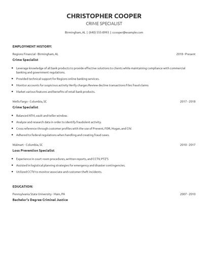 Crime Specialist Resume