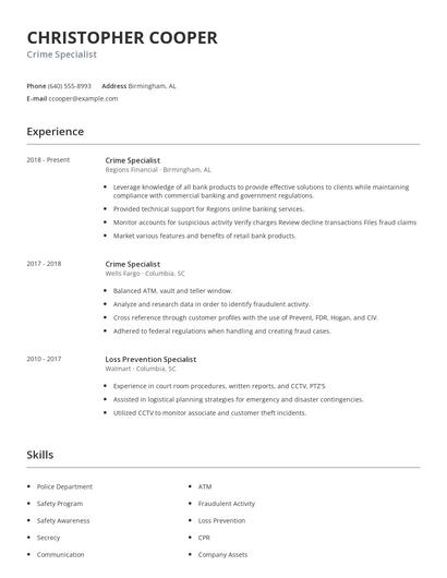 Crime Specialist Resume