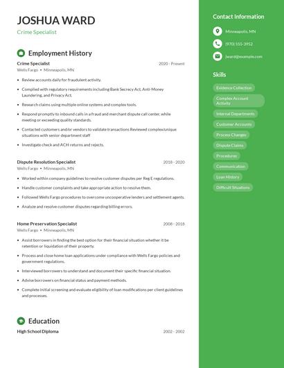 Crime Specialist Resume