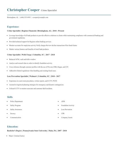 Crime Specialist Resume