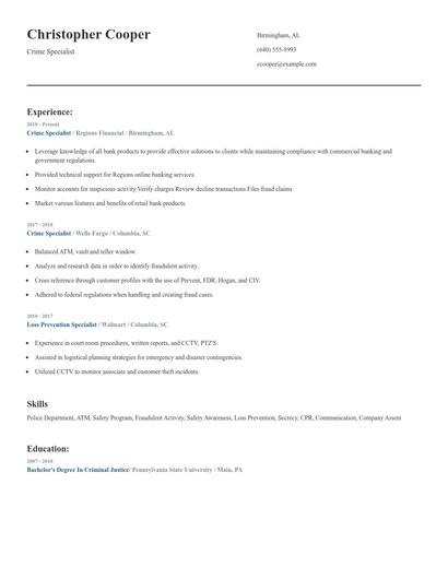 Crime Specialist Resume