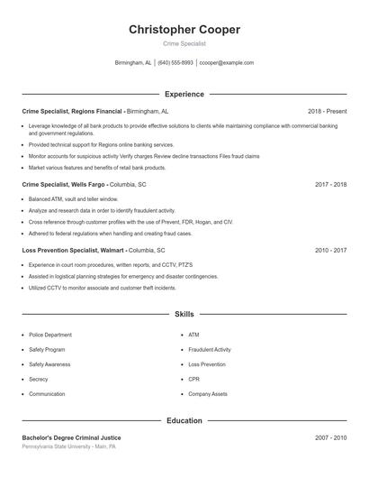 Crime Specialist Resume