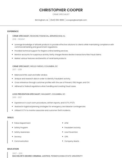 Crime Specialist Resume