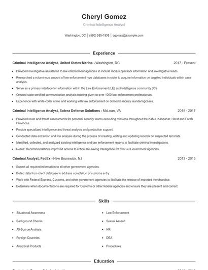 Criminal Intelligence Analyst Resume