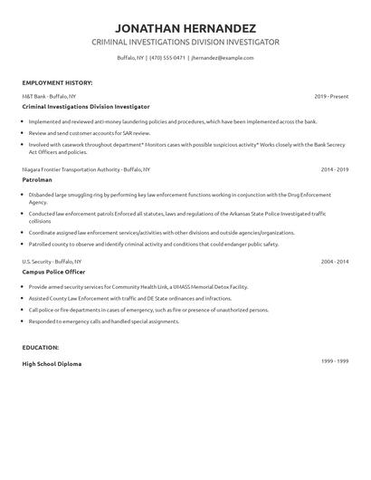 Criminal Investigations Division Investigator Resume