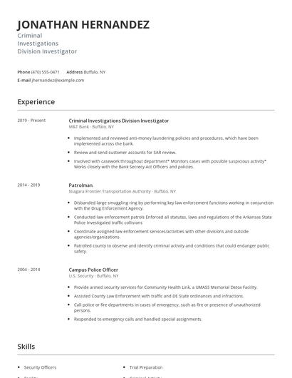 Criminal Investigations Division Investigator Resume