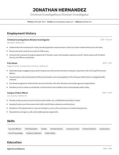 Criminal Investigations Division Investigator Resume