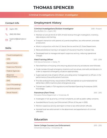 Criminal Investigations Division Investigator Resume