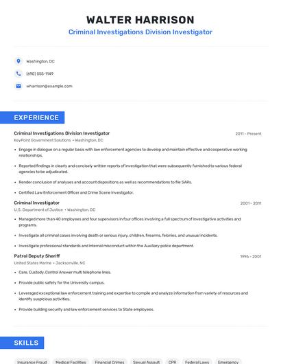Criminal Investigations Division Investigator Resume