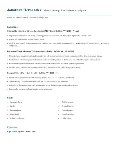 Criminal Investigations Division Investigator Resume