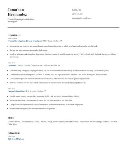 Criminal Investigations Division Investigator Resume