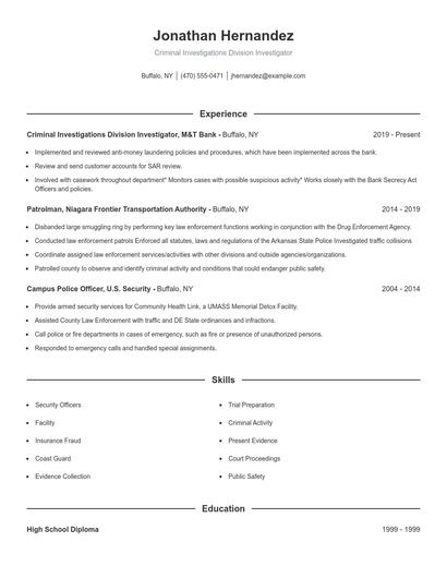 Criminal Investigations Division Investigator Resume