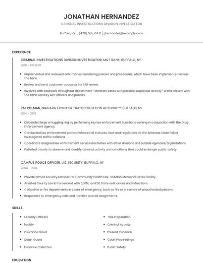 Criminal Investigations Division Investigator Resume