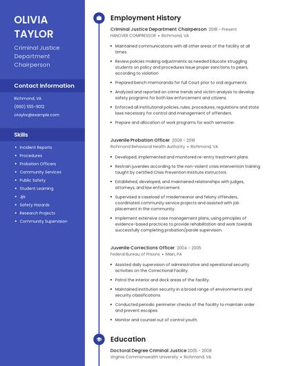 Criminal Justice Department Chairperson Resume