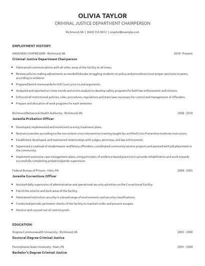 Criminal Justice Department Chairperson Resume
