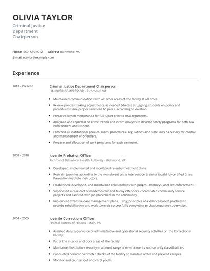 Criminal Justice Department Chairperson Resume