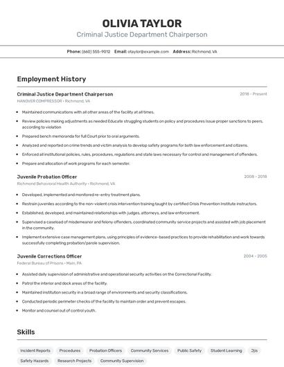 Criminal Justice Department Chairperson Resume
