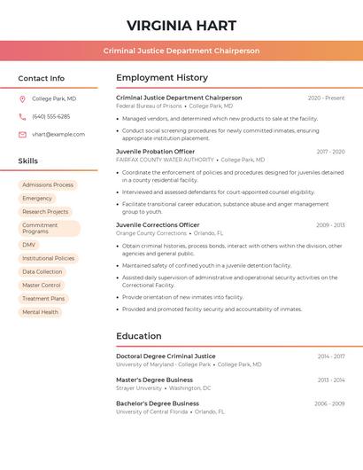 Criminal Justice Department Chairperson Resume