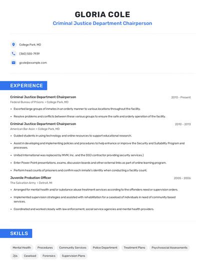 Criminal Justice Department Chairperson Resume