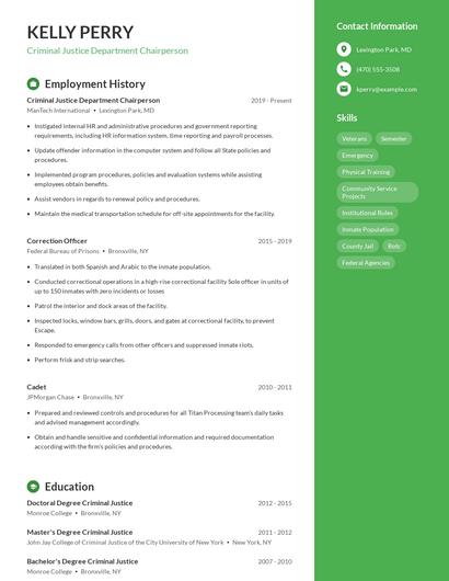Criminal Justice Department Chairperson Resume