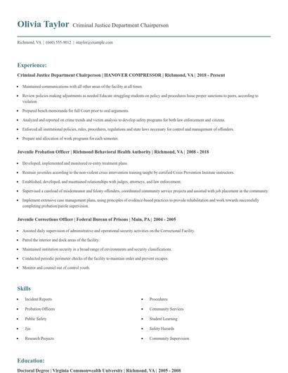 Criminal Justice Department Chairperson Resume