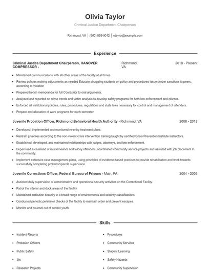 Criminal Justice Department Chairperson Resume