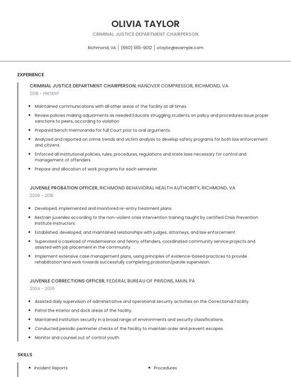 Criminal Justice Department Chairperson Resume