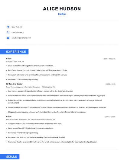 Critic Resume