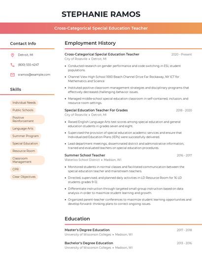 Cross-Categorical Special Education Teacher Resume