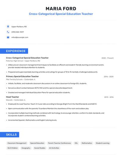 Cross-Categorical Special Education Teacher Resume