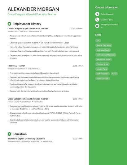 Cross-Categorical Special Education Teacher Resume