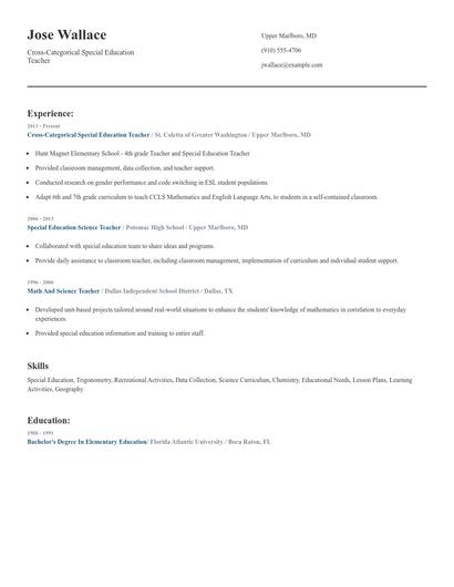 Cross-Categorical Special Education Teacher Resume