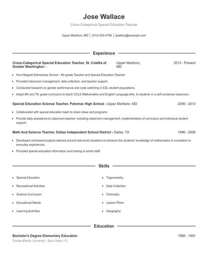 Cross-Categorical Special Education Teacher Resume