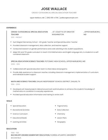 Cross-Categorical Special Education Teacher Resume