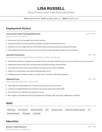 Cross Country And Track And Field Coach Resume