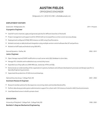 Cryogenics Engineer Resume